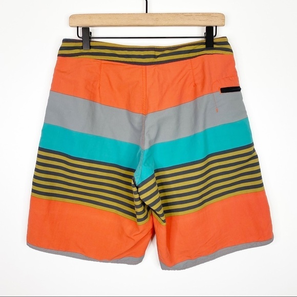 Patagonia Wavefarer Blue Orange Yellow Striped Tie Waist Board Shorts EUC 31 - Picture 2 of 7